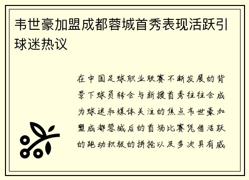 韦世豪加盟成都蓉城首秀表现活跃引球迷热议