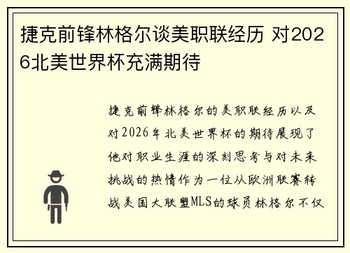 捷克前锋林格尔谈美职联经历 对2026北美世界杯充满期待